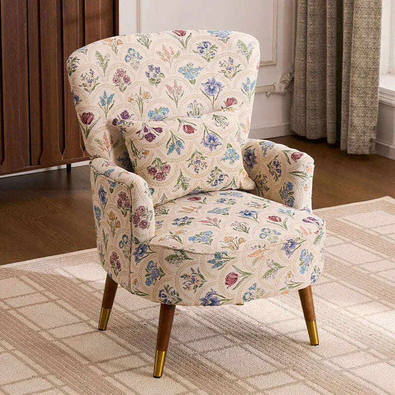Vintage Floral Wingback Chair and Ottoman Set with Woven Upholstery