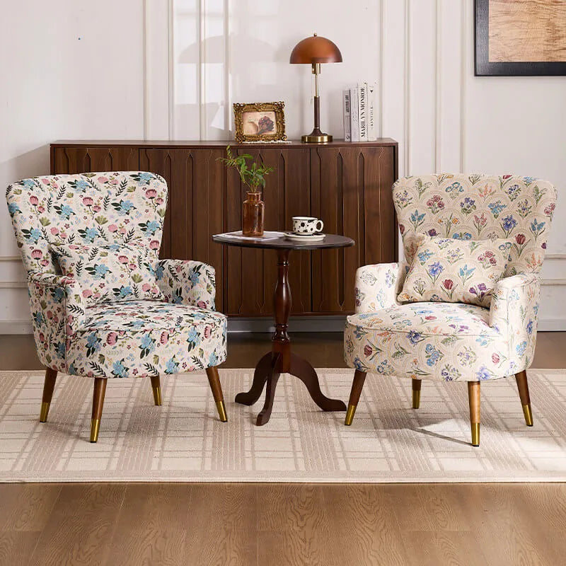 Vintage Floral Wingback Chair and Ottoman Set with Woven Upholstery