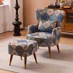 Vintage Floral Wingback Chair and Ottoman Set with Woven Upholstery