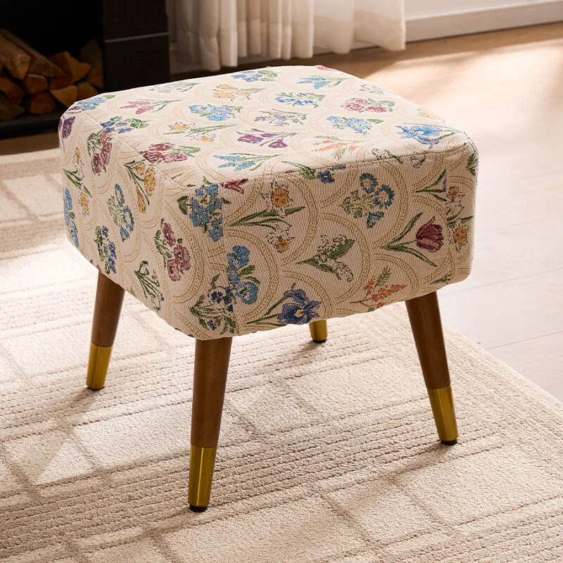 Vintage Floral Wingback Chair and Ottoman Set with Woven Upholstery