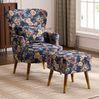 Vintage Floral Wingback Chair and Ottoman Set with Woven Upholstery