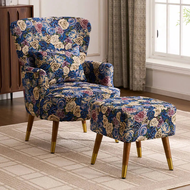 Vintage Floral Wingback Chair and Ottoman Set with Woven Upholstery