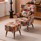 Vintage Floral Wingback Chair and Ottoman Set with Woven Upholstery
