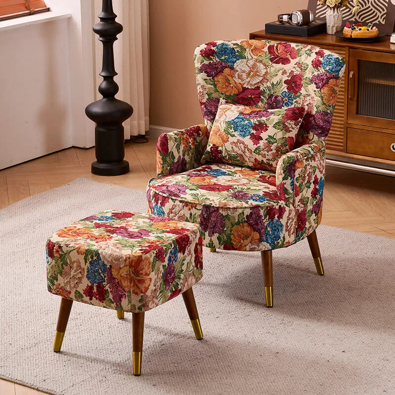 Vintage Floral Wingback Chair and Ottoman Set with Woven Upholstery