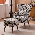 Vintage Floral Wingback Chair and Ottoman Set with Woven Upholstery