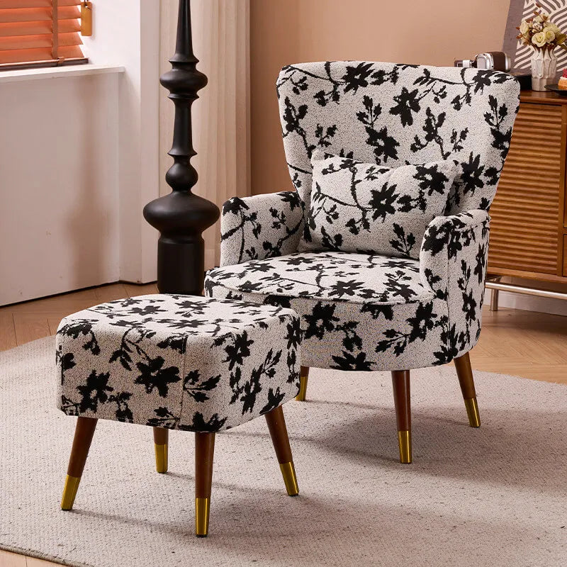 Vintage Floral Wingback Chair and Ottoman Set with Woven Upholstery