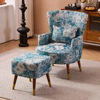 Vintage Floral Wingback Chair and Ottoman Set with Woven Upholstery
