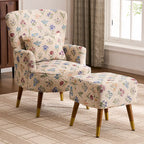 Vintage Floral Wingback Chair and Ottoman Set with Woven Upholstery