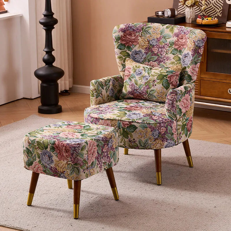 Vintage Floral Wingback Chair and Ottoman Set with Woven Upholstery