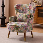 Vintage Floral Wingback Chair and Ottoman Set with Woven Upholstery