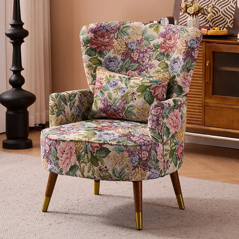 Vintage Floral Wingback Chair and Ottoman Set with Woven Upholstery