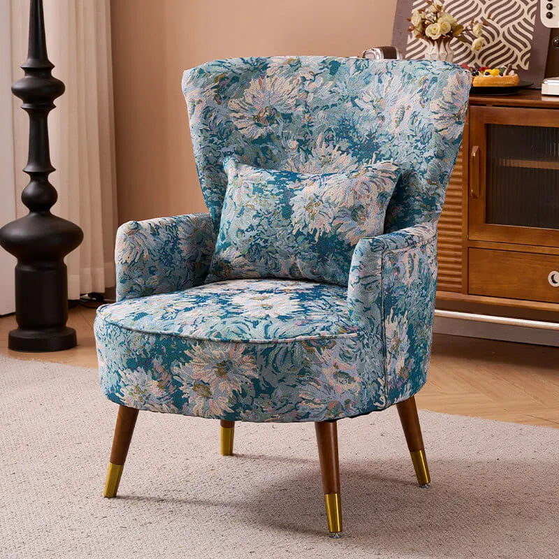 Vintage Floral Wingback Chair and Ottoman Set with Woven Upholstery