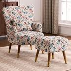 Vintage Floral Wingback Chair and Ottoman Set with Woven Upholstery