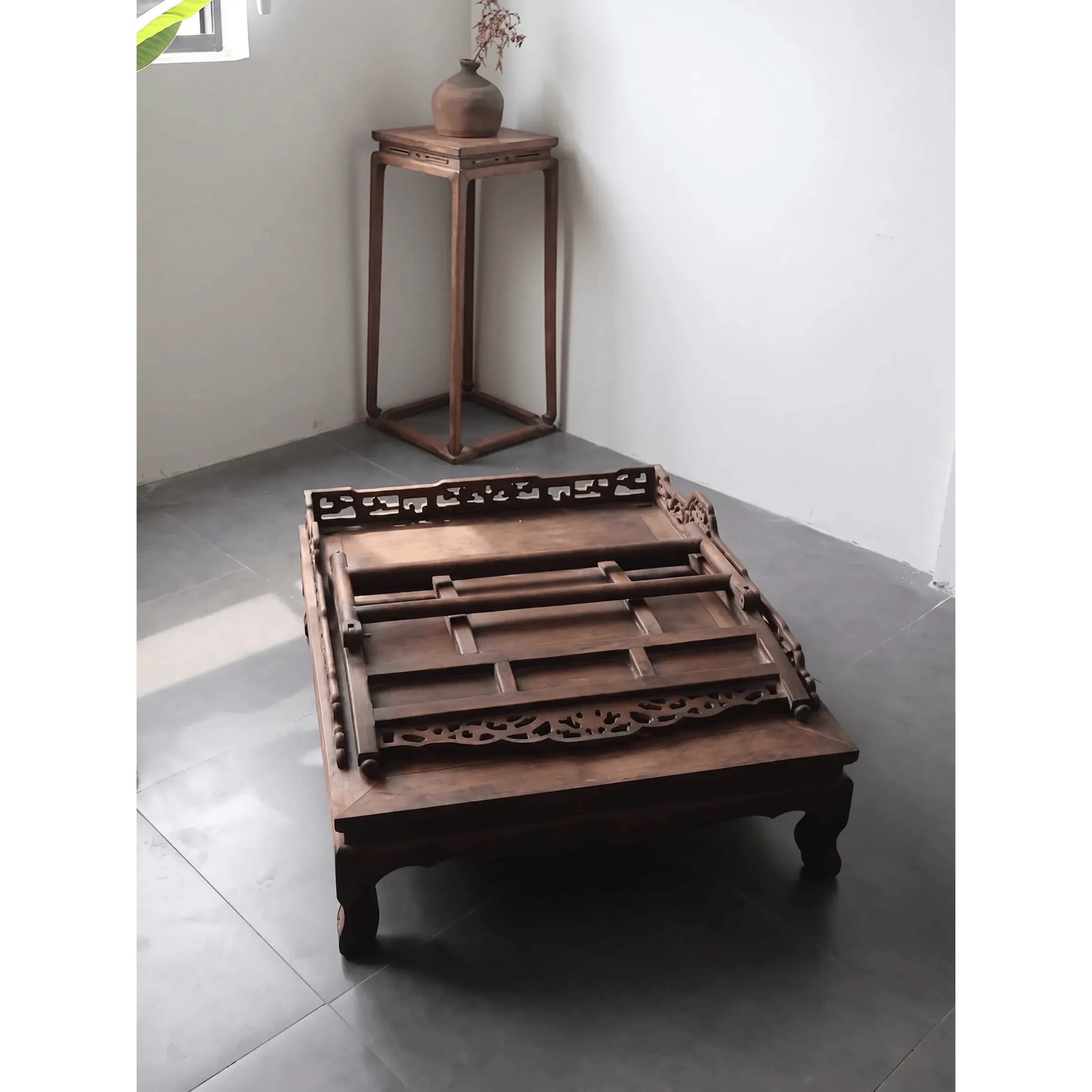 Vintage Grass Pear Wood Meditation Chair with Folding Recline and Woven Panel