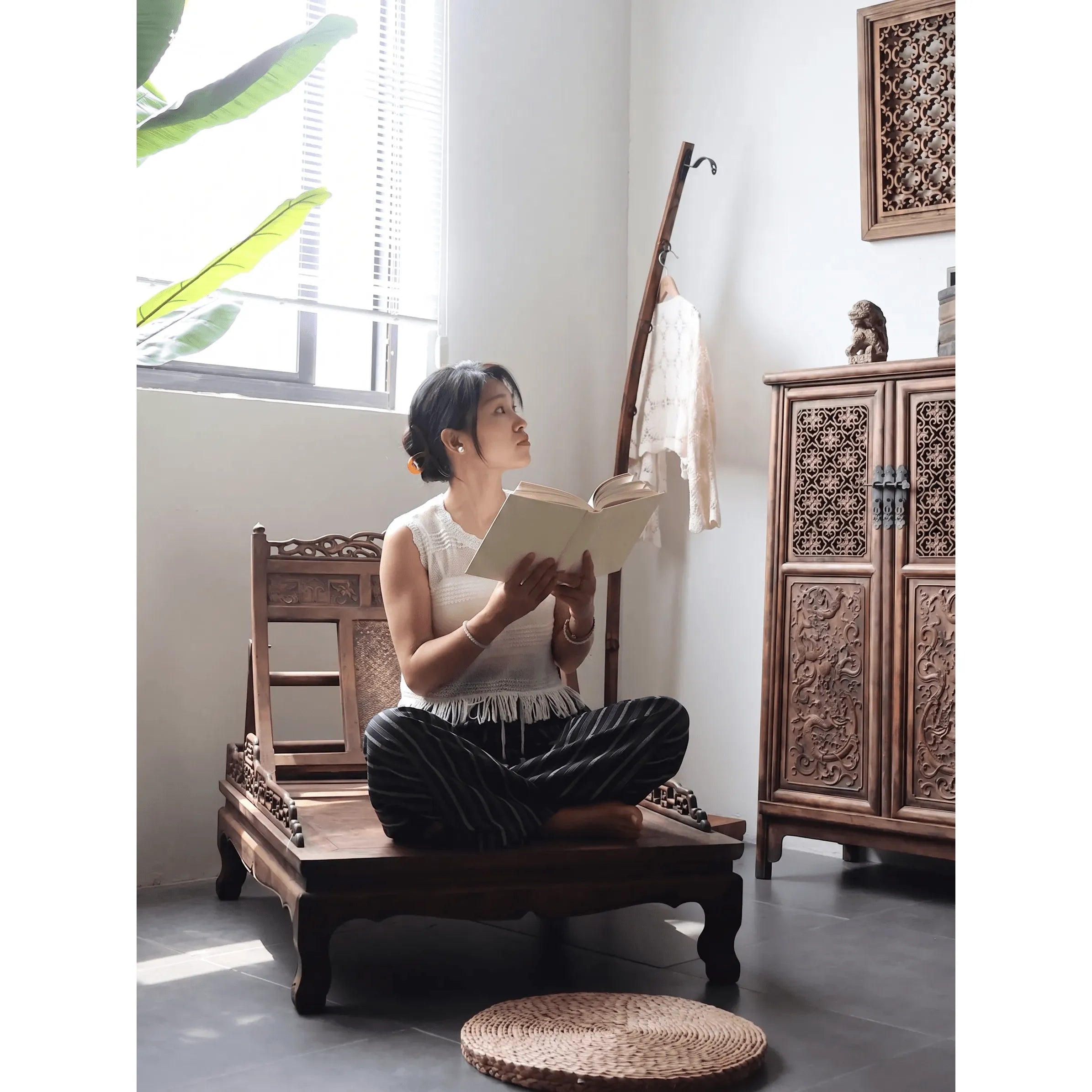 Vintage Grass Pear Wood Meditation Chair with Folding Recline and Woven Panel Main Product Image Main image