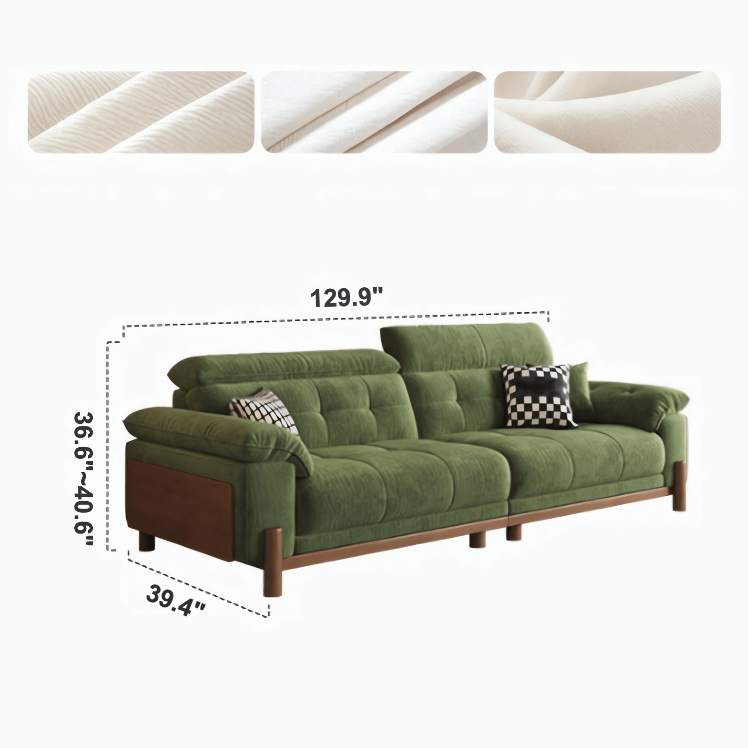 Vintage Green Chenille Sofa With Adjustable Headrest