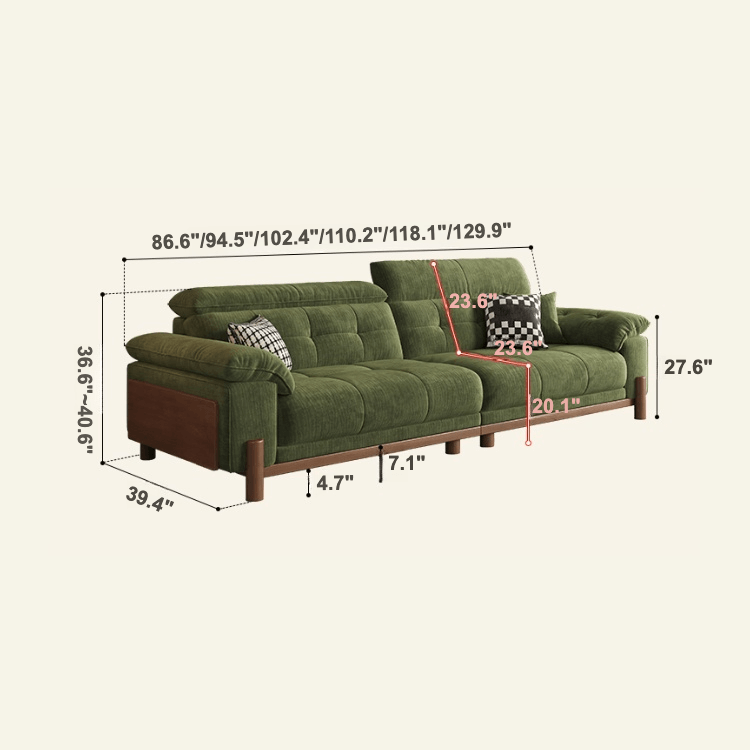 Vintage Green Chenille Sofa With Adjustable Headrest Dimensions
