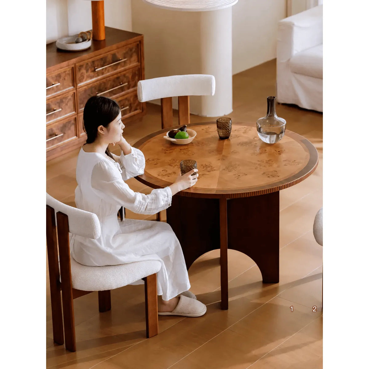 Vintage-Inspired Burlwood Dining Table with Geometric Marquetry Main Product Image Main image