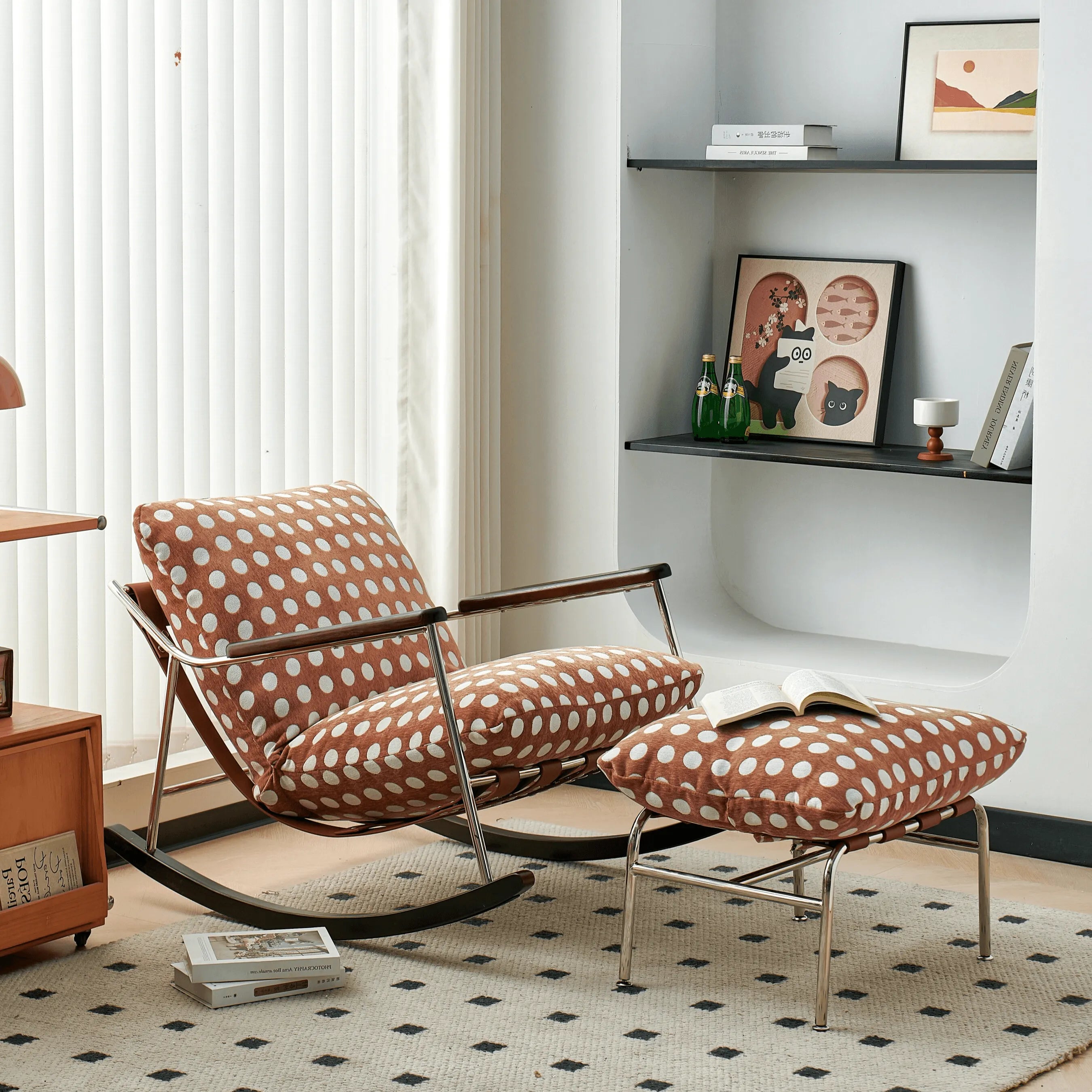 Vintage-Inspired Polka Dot Chair and Ottoman Set with Wood Trim