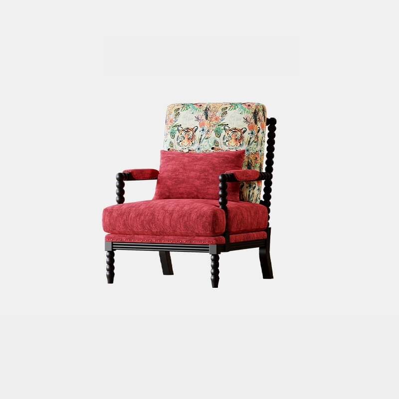 Vintage Inspired Red Velvet Accent Chair with Floral Backrest
