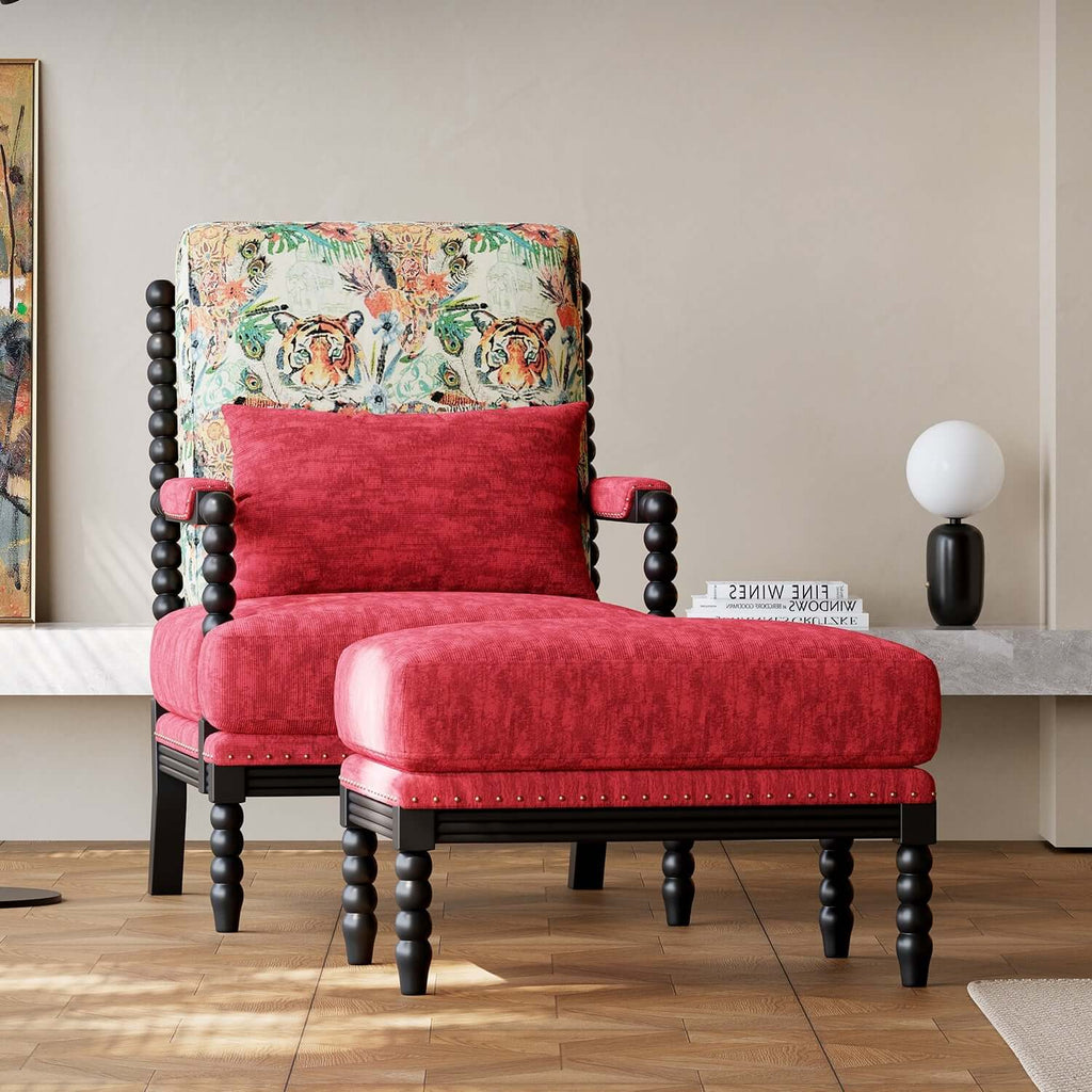 Vintage Inspired Red Velvet Accent Chair with Floral Backrest