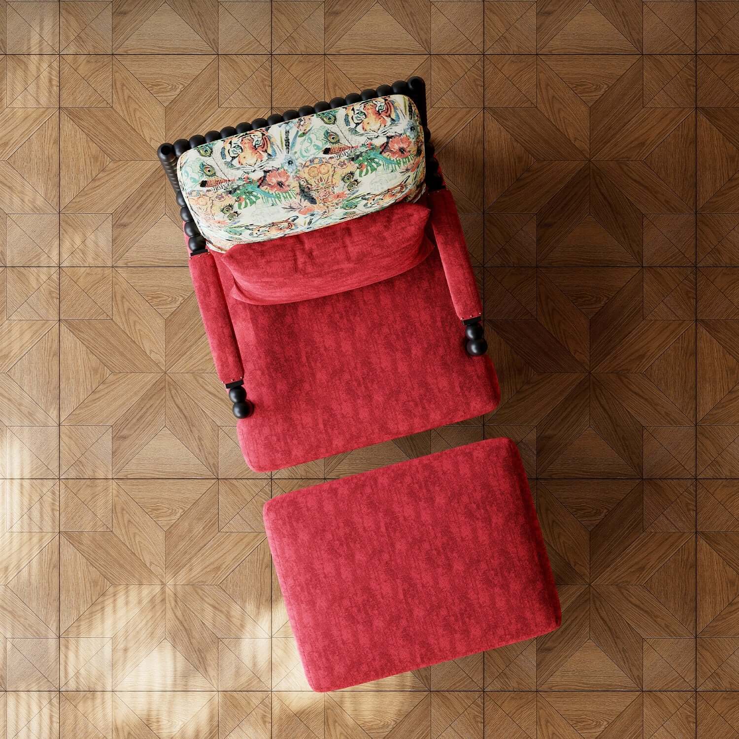 Vintage Inspired Red Velvet Accent Chair with Floral Backrest