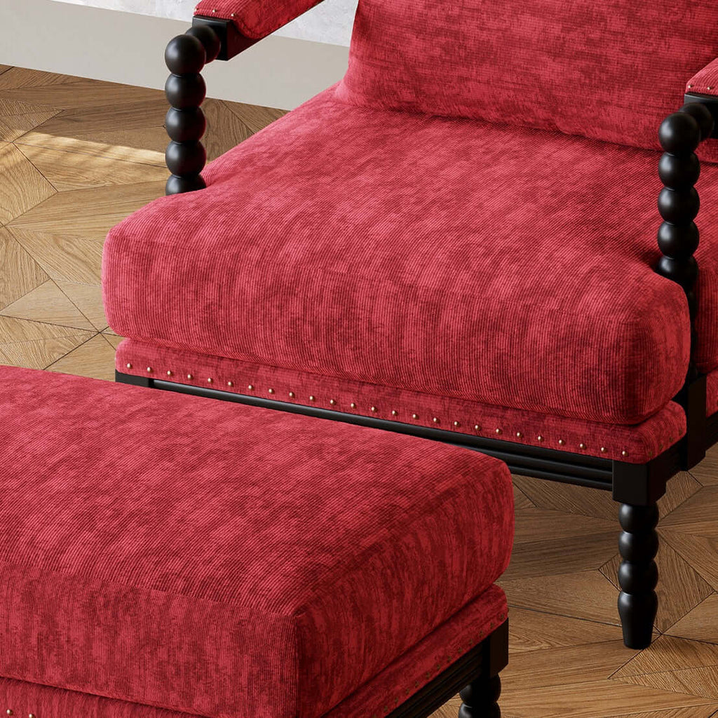 Vintage Inspired Red Velvet Accent Chair with Floral Backrest