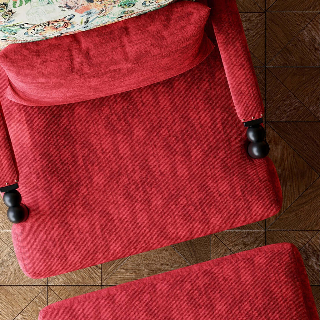 Vintage Inspired Red Velvet Accent Chair with Floral Backrest