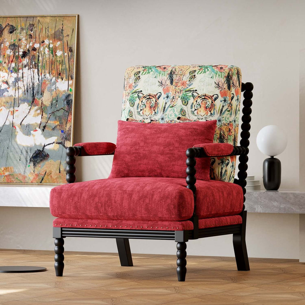 Vintage Inspired Red Velvet Accent Chair with Floral Backrest