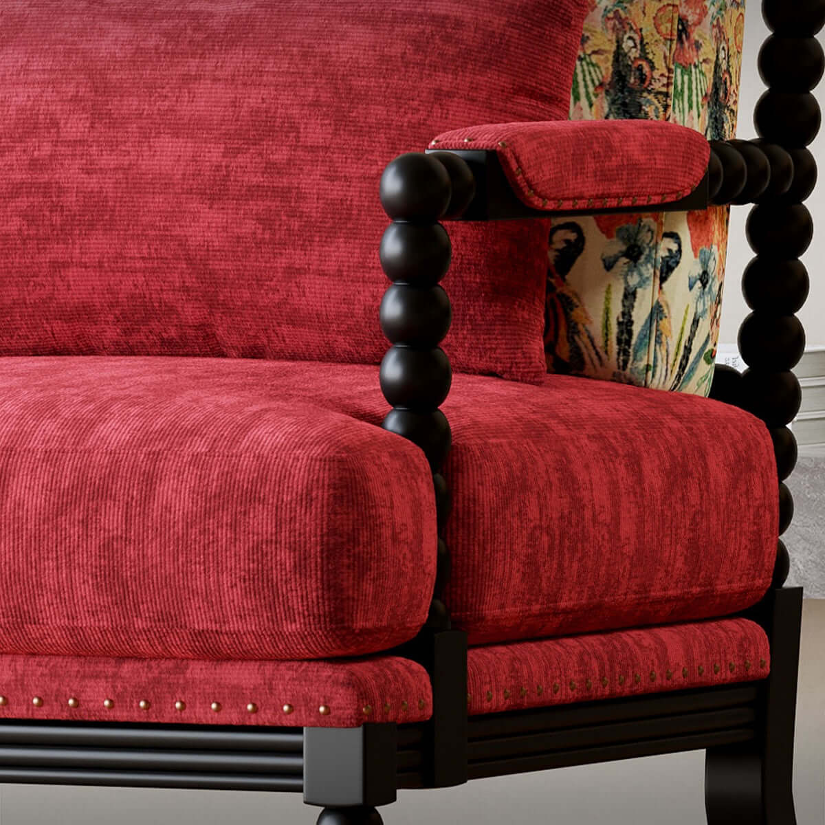 Vintage Inspired Red Velvet Accent Chair with Floral Backrest