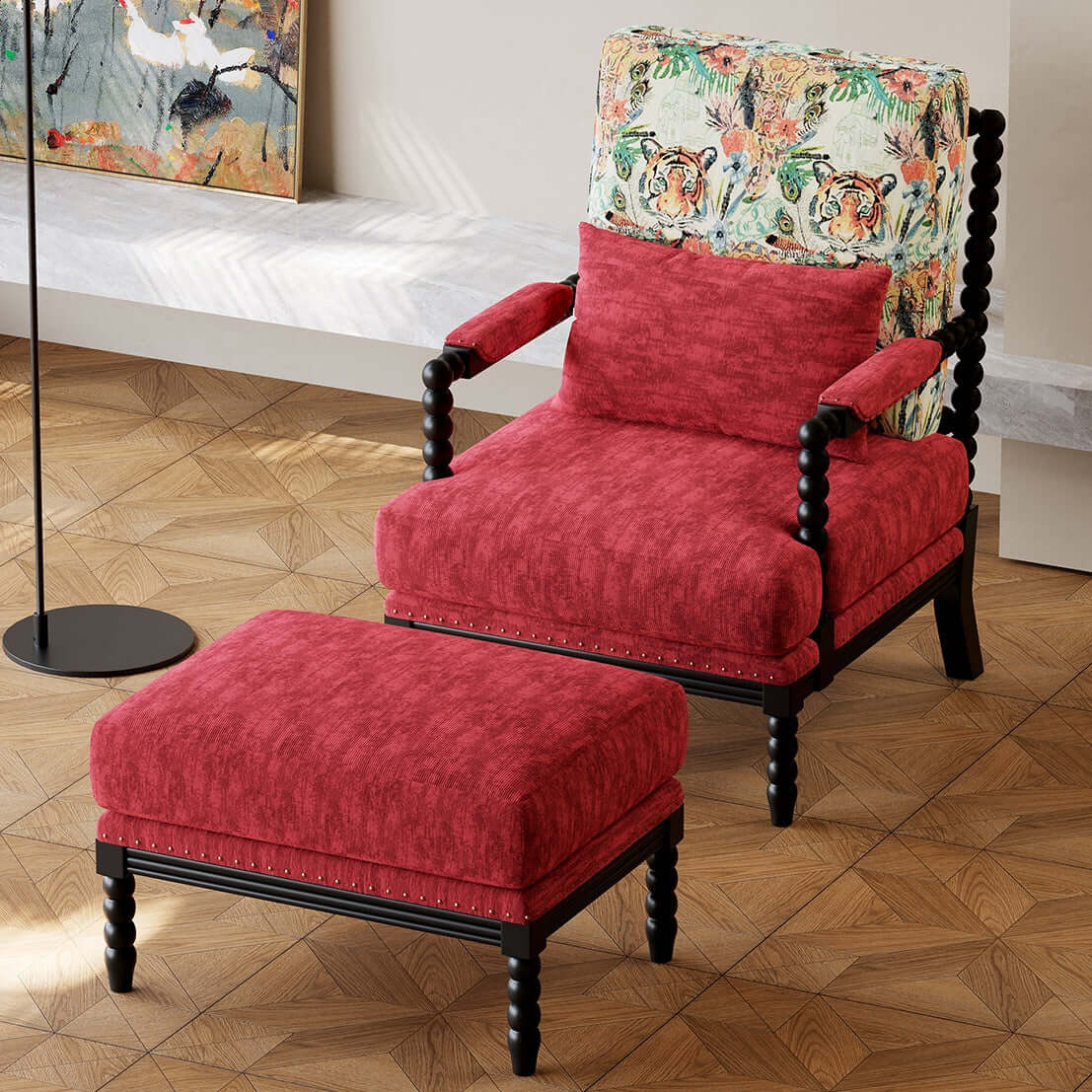 Fauteuil d'accent vintage en velours rouge à montants tournés en bobine, avec dossier floral et repose-pieds assorti