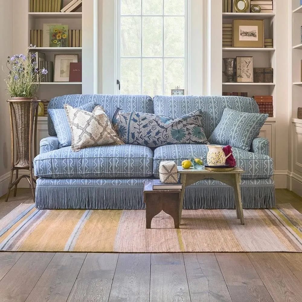 Vintage Patterned Fringe Sofa with Rolled Arms and Plush Cushions Main Product Image Main image