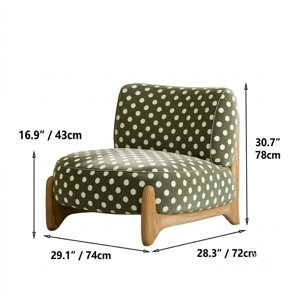 Vintage Polka Dot Chair with Sculptural Wood Frame, Wide Lounge Seat Dimensions