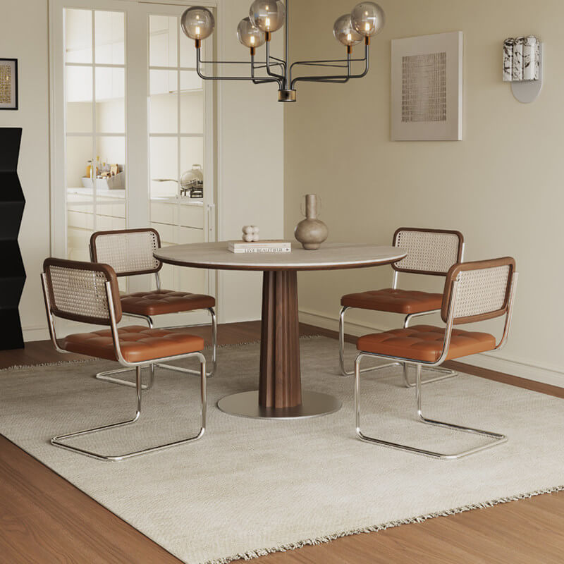 Vintage Rattan Dining Chair With PU Leather Cushion