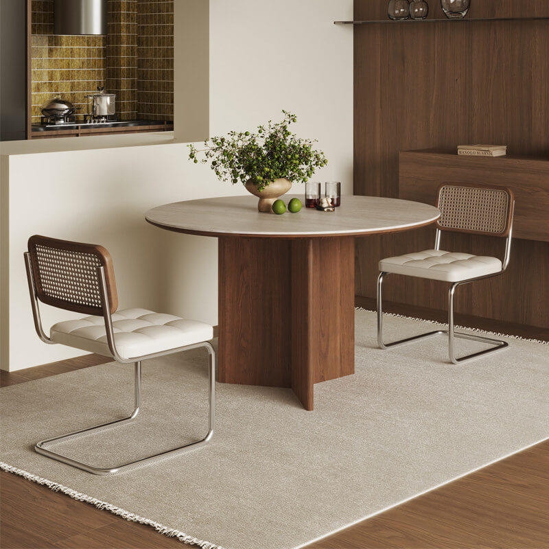 Vintage Rattan Dining Chair With PU Leather Cushion