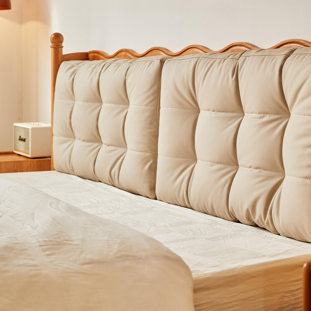 Vintage Solid Wood Bed With Upholstered Headboard