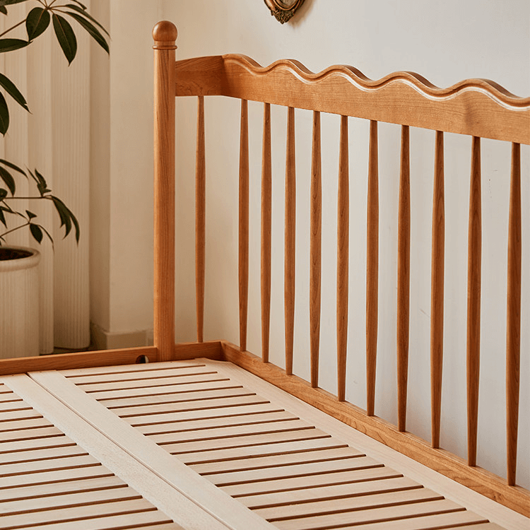 Vintage Solid Wood Bed With Upholstered Headboard