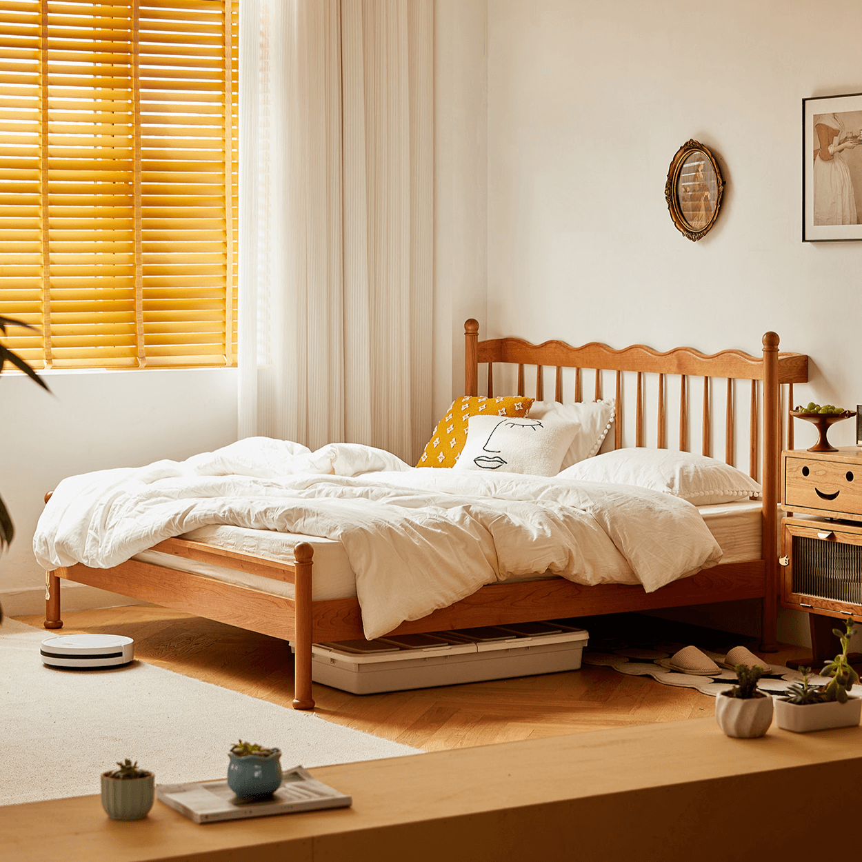 Vintage Solid Wood Bed With Upholstered Headboard