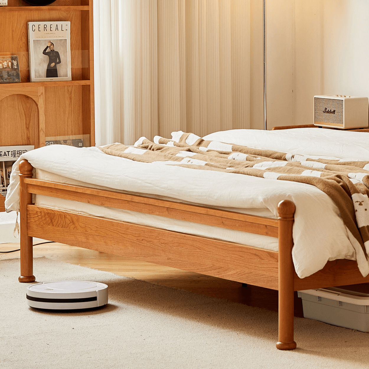 Vintage Solid Wood Bed With Upholstered Headboard