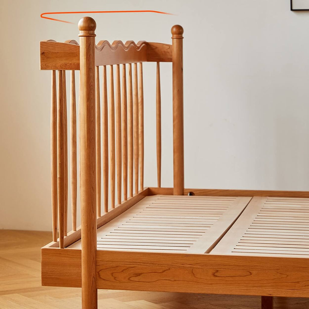 Vintage Solid Wood Bed With Upholstered Headboard