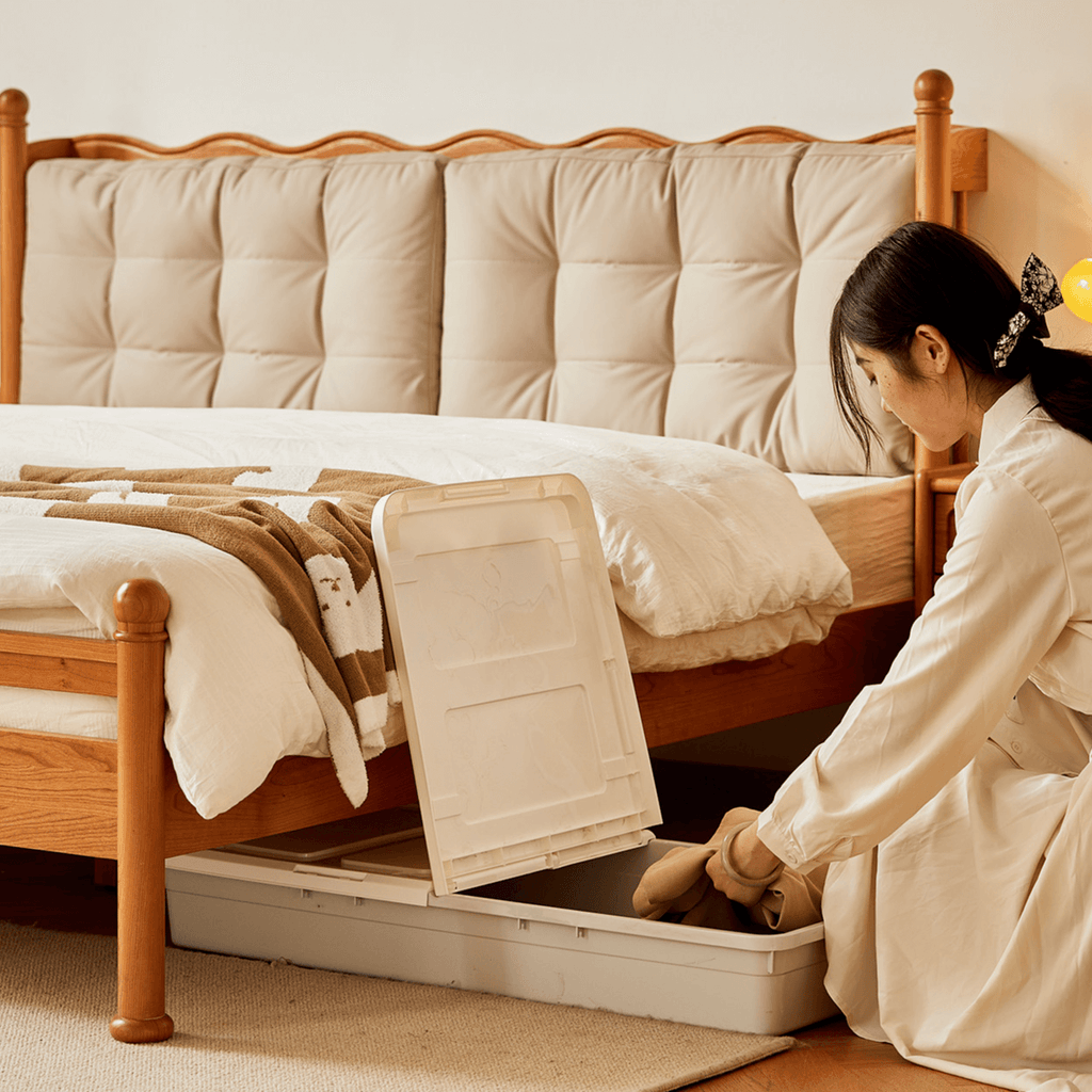 Vintage Solid Wood Bed With Upholstered Headboard