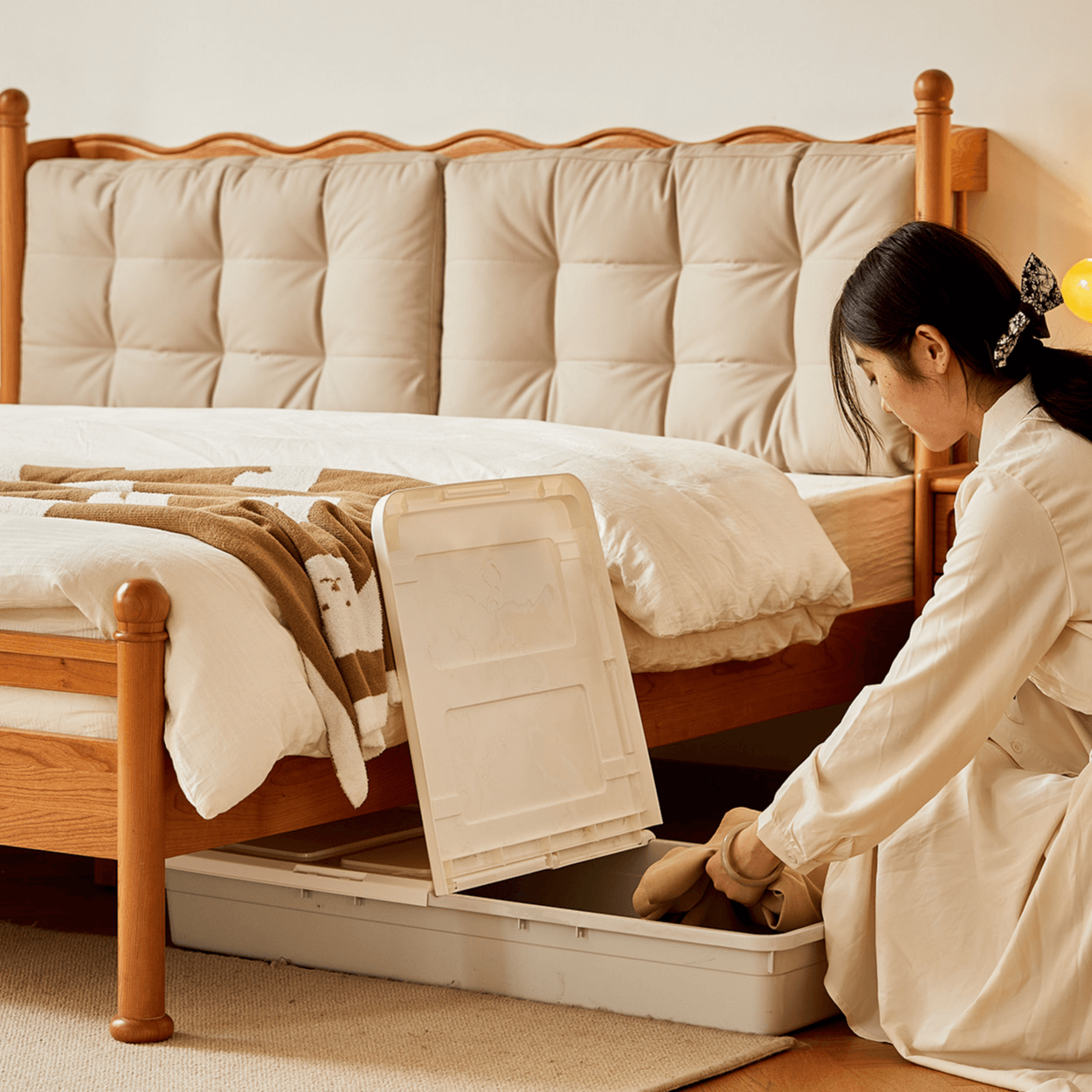 Vintage Solid Wood Bed With Upholstered Headboard