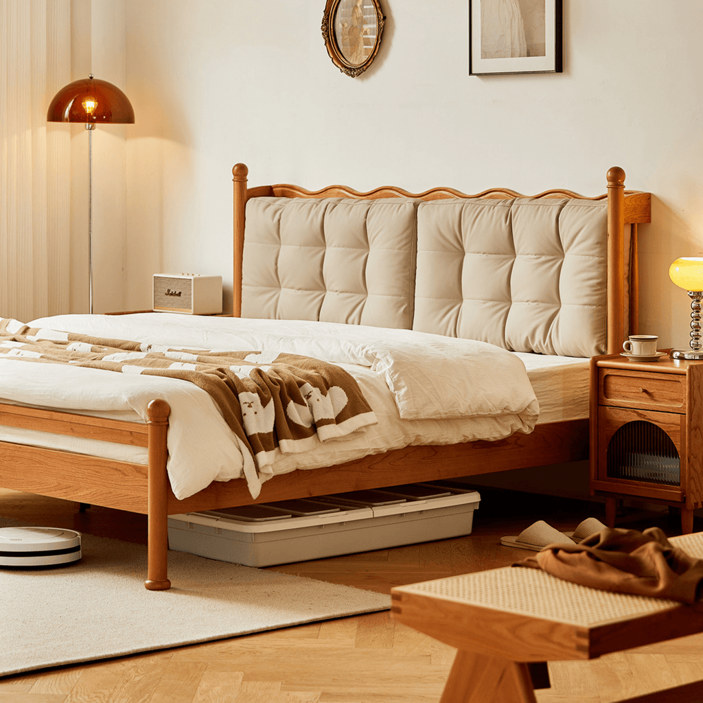 Vintage Solid Wood Bed With Upholstered Headboard