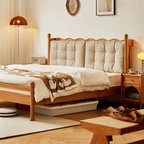 Vintage Solid Wood Bed With Upholstered Headboard