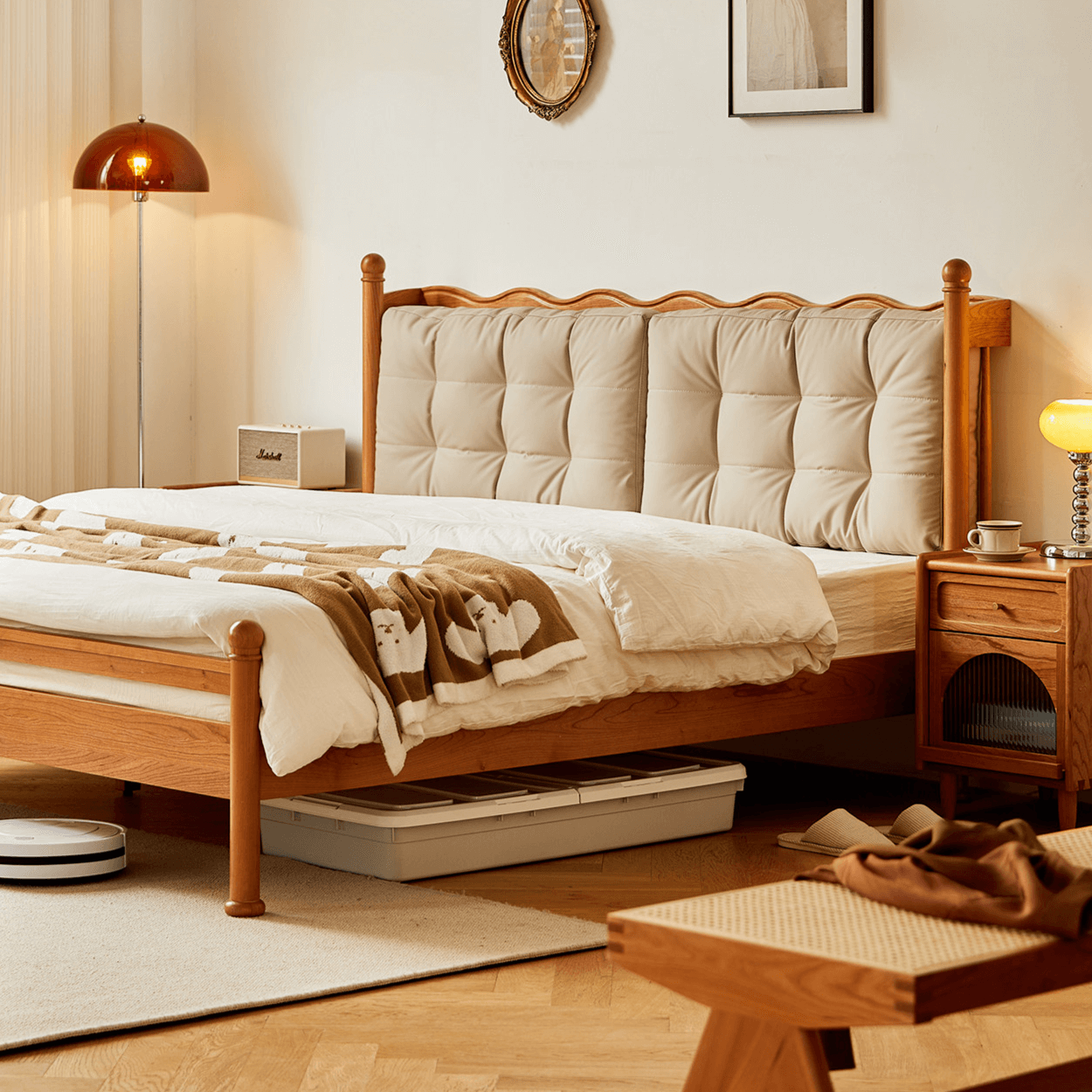 Vintage Solid Wood Bed With Upholstered Headboard