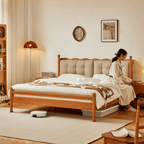 Vintage Solid Wood Bed With Upholstered Headboard