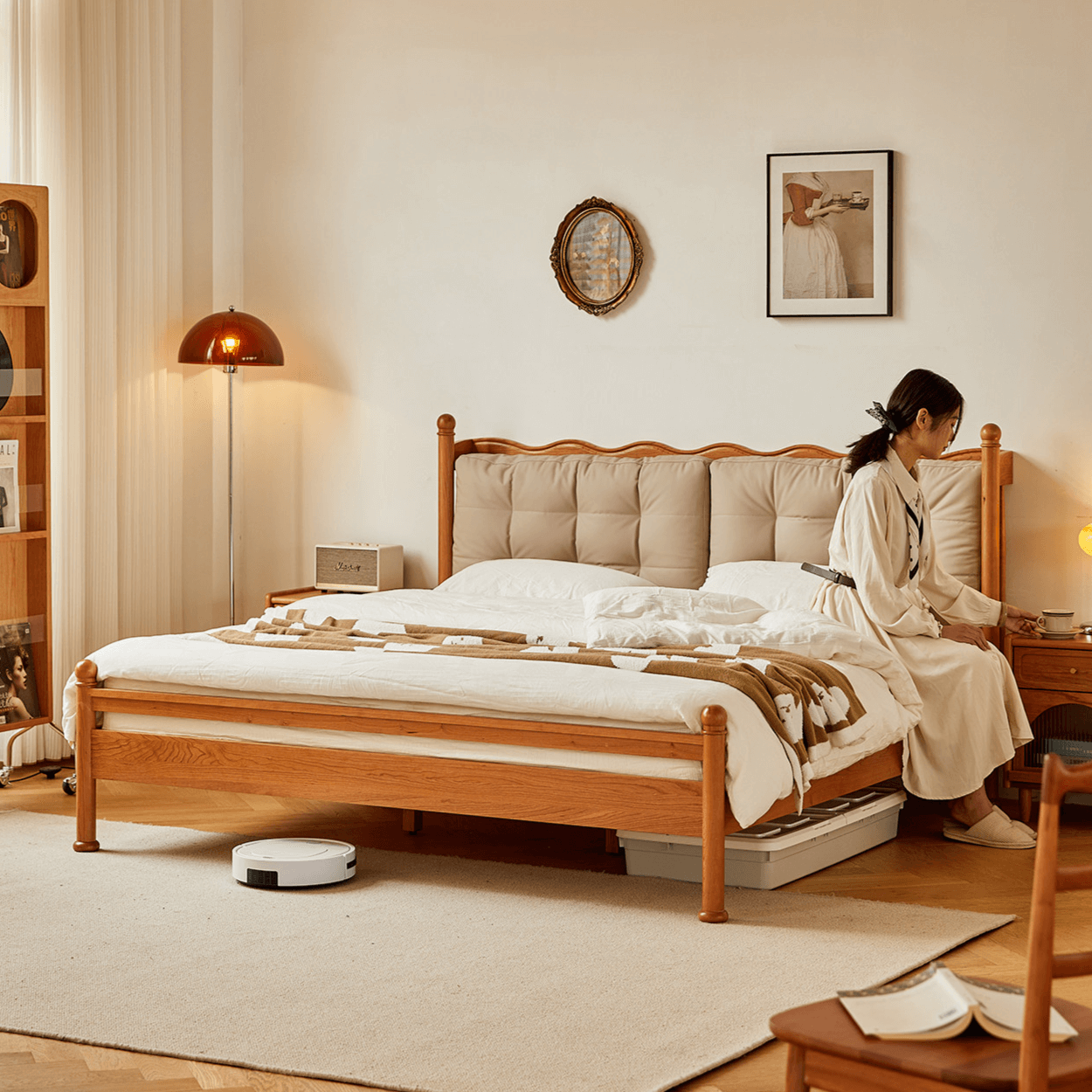 Vintage Solid Wood Bed With Upholstered Headboard