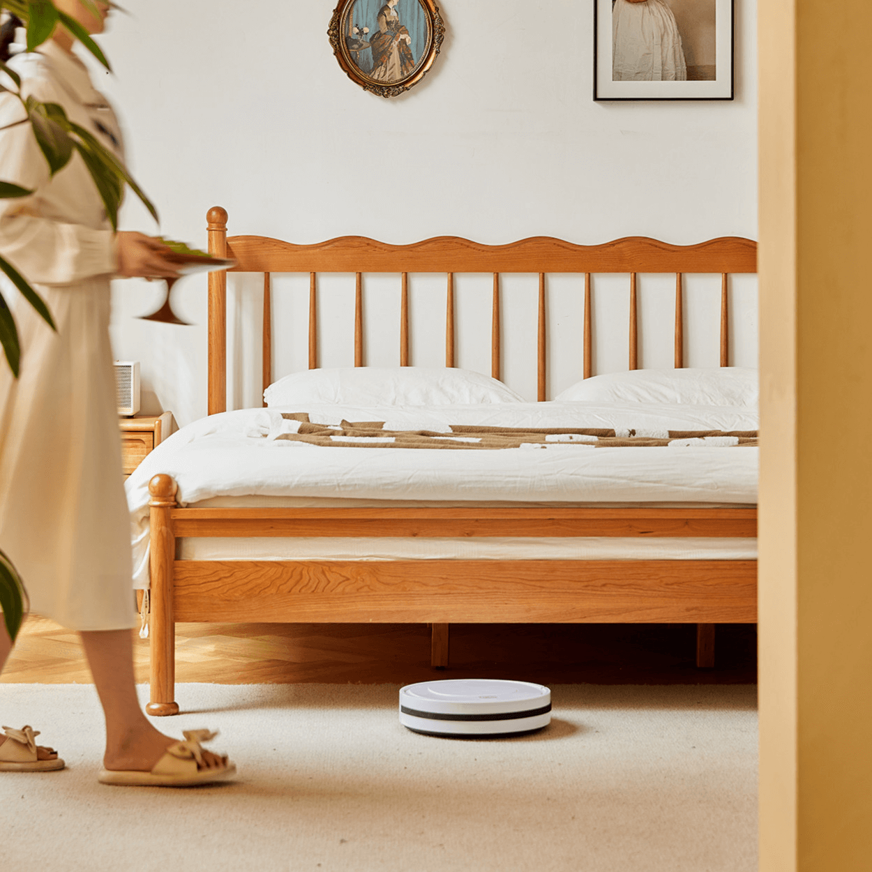 Vintage Solid Wood Bed With Upholstered Headboard