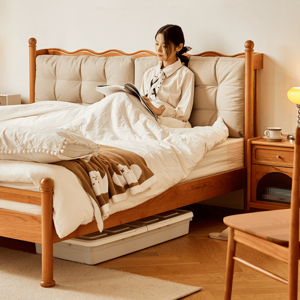 Vintage Solid Wood Bed With Upholstered Headboard