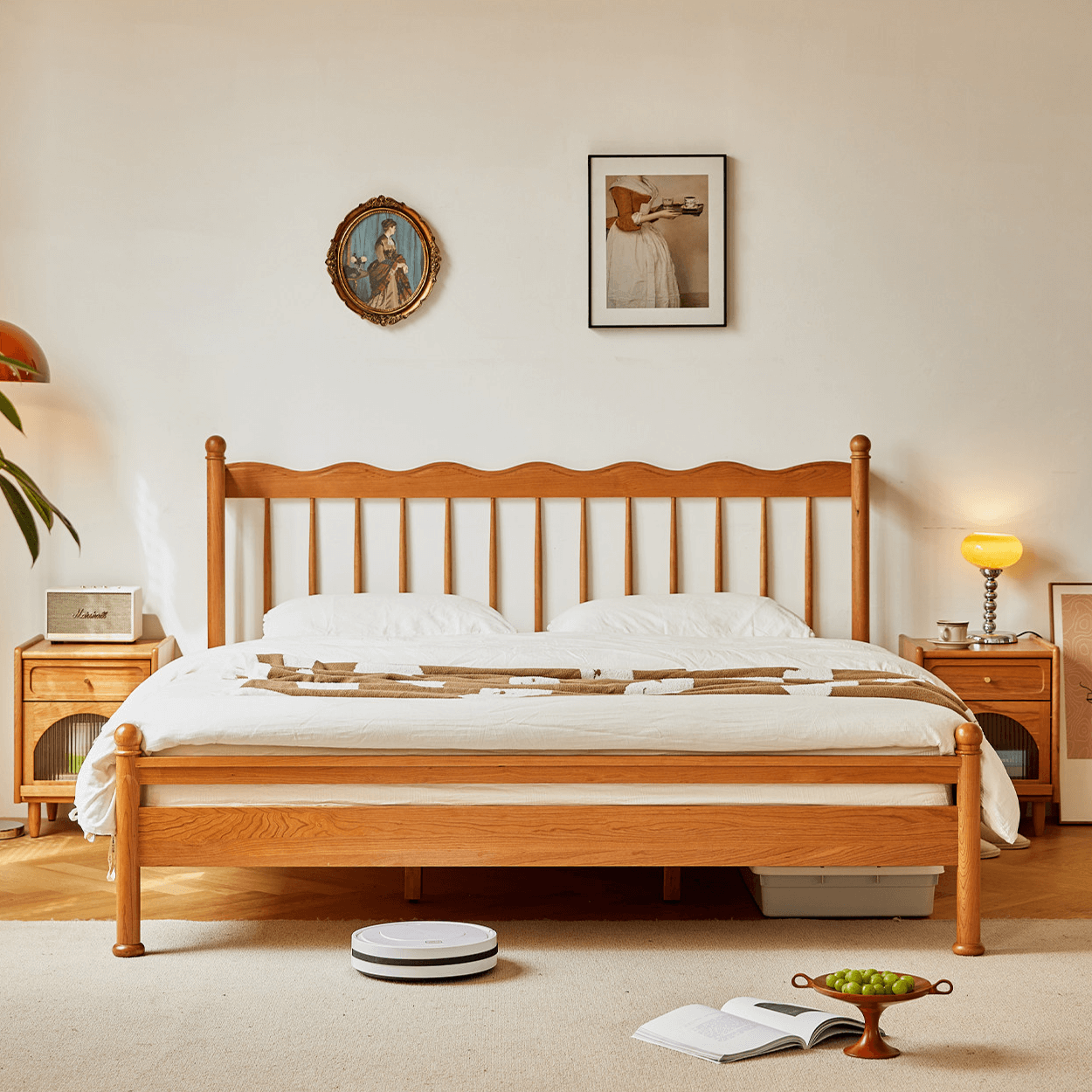 Vintage Solid Wood Bed With Upholstered Headboard Main Product Image Main image